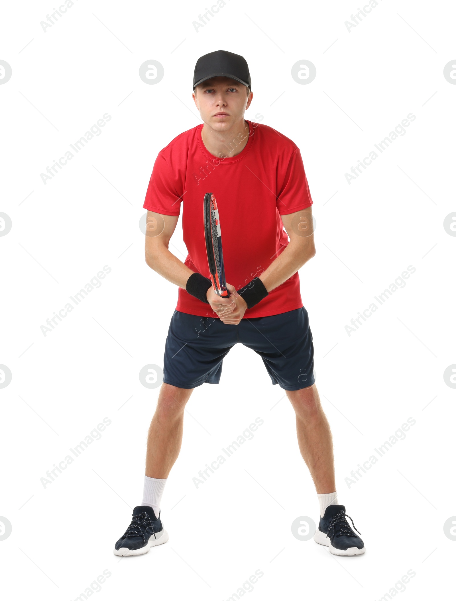 Photo of Man with tennis racket on white background