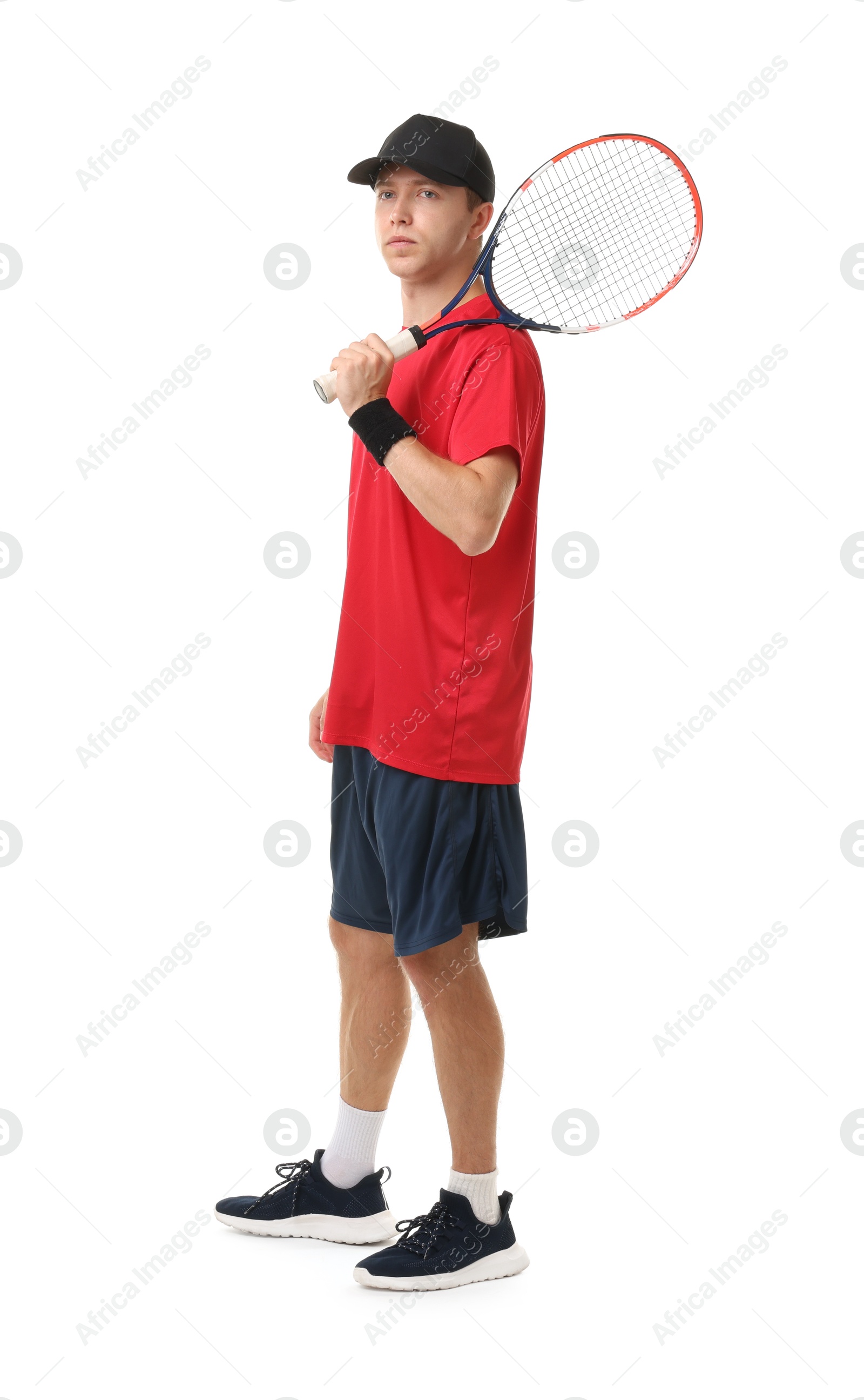 Photo of Man with tennis racket on white background