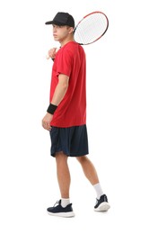 Photo of Man with tennis racket on white background