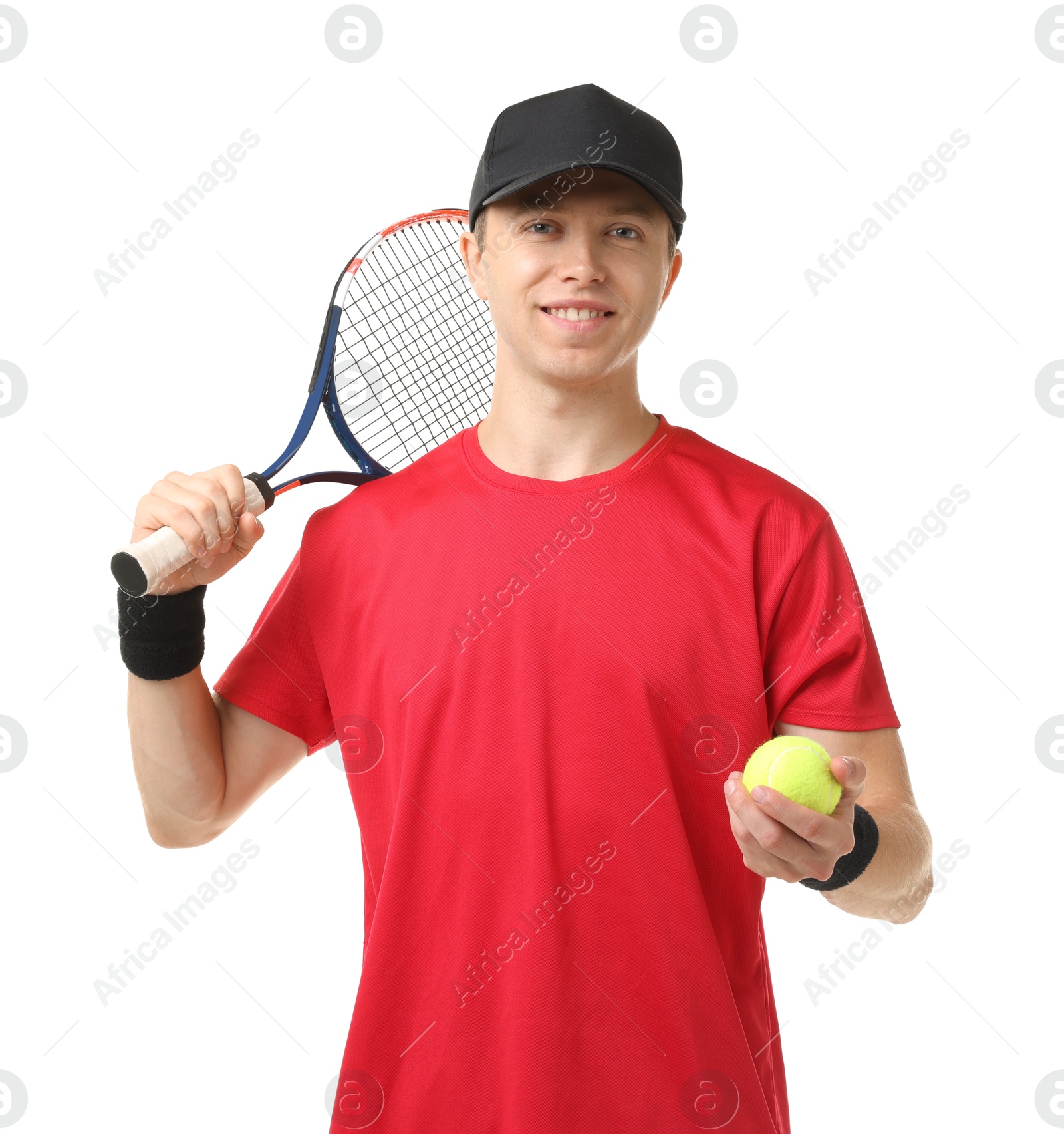 Photo of Man with tennis racket and ball on white background