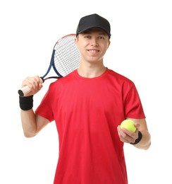 Photo of Man with tennis racket and ball on white background
