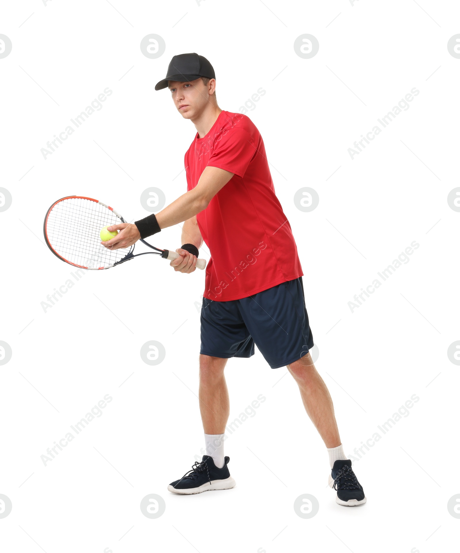Photo of Man with tennis racket and ball on white background