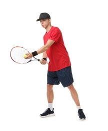 Photo of Man with tennis racket and ball on white background