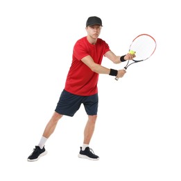 Photo of Man with tennis racket and ball on white background