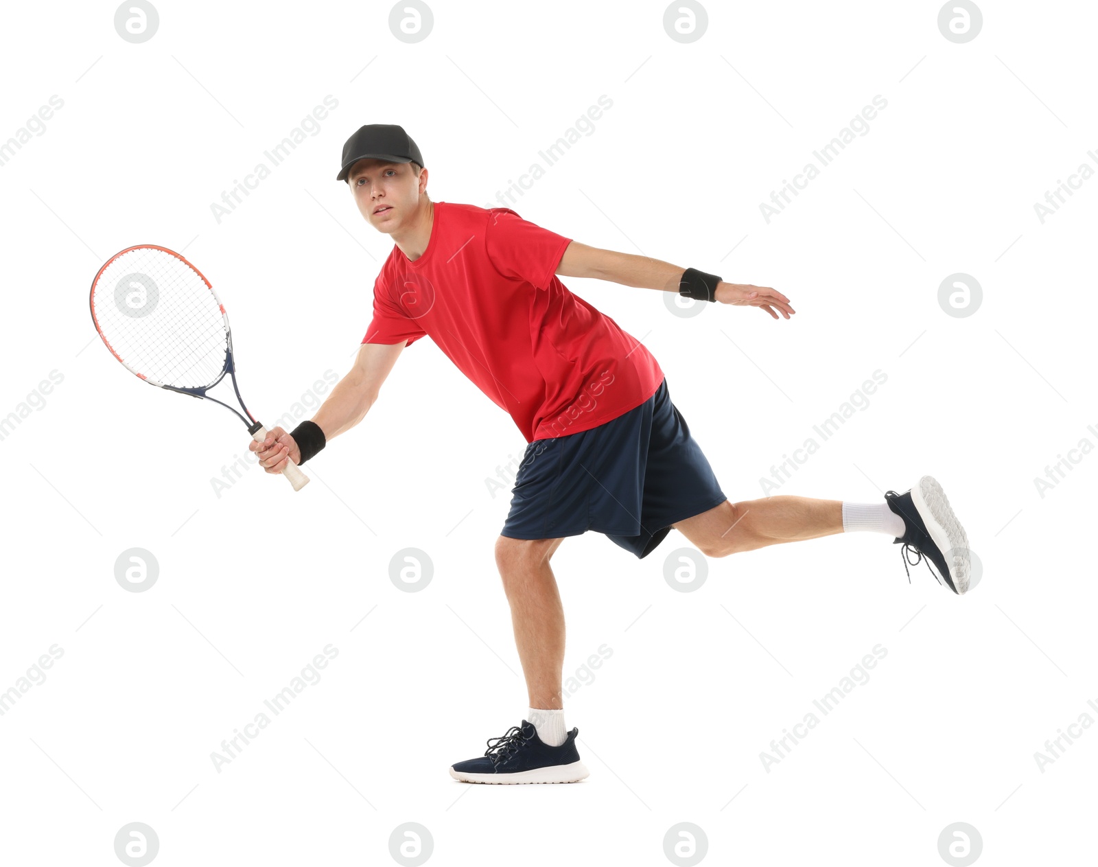 Photo of Man with tennis racket on white background