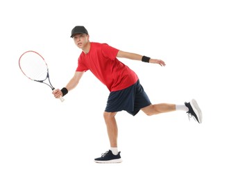 Photo of Man with tennis racket on white background