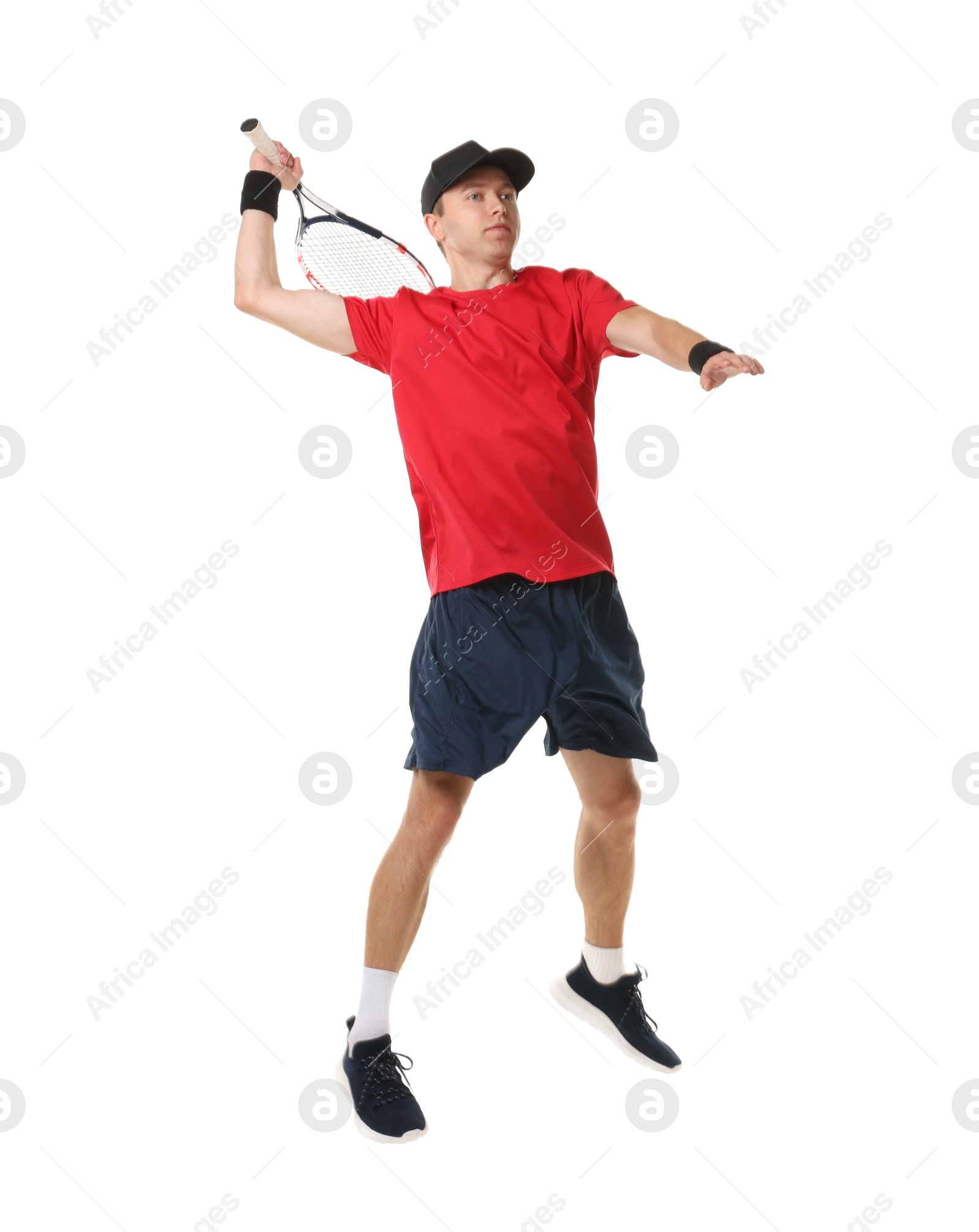 Photo of Man with tennis racket on white background