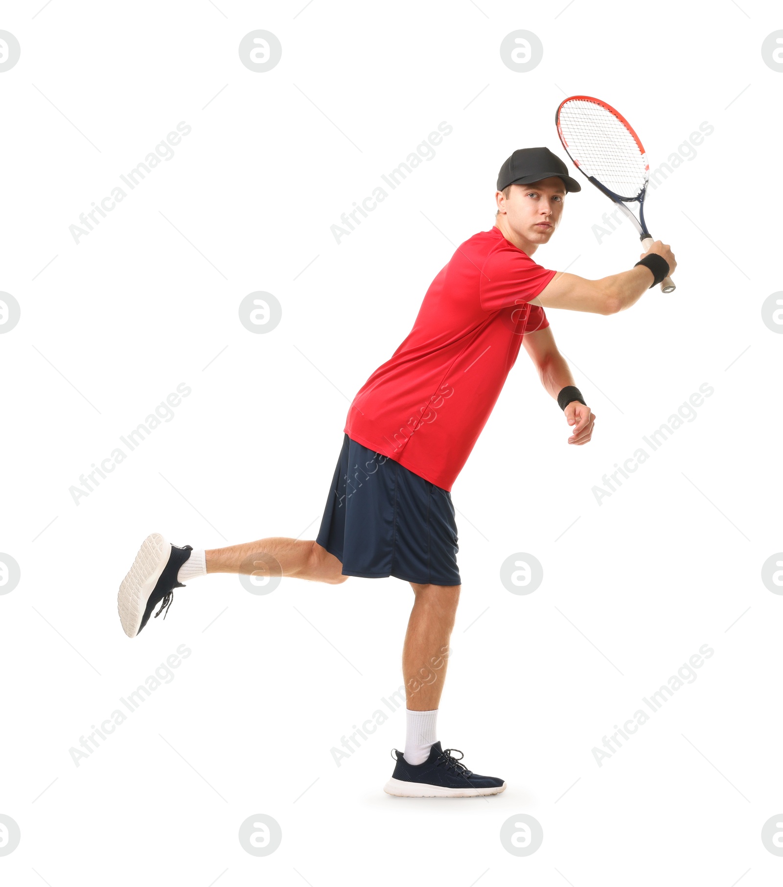Photo of Man with tennis racket on white background