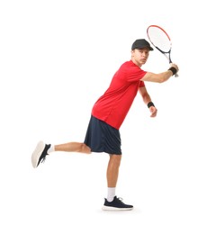 Photo of Man with tennis racket on white background