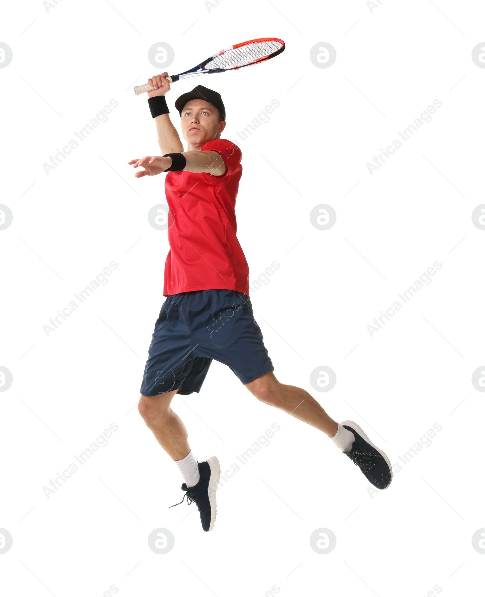 Photo of Man with tennis racket on white background