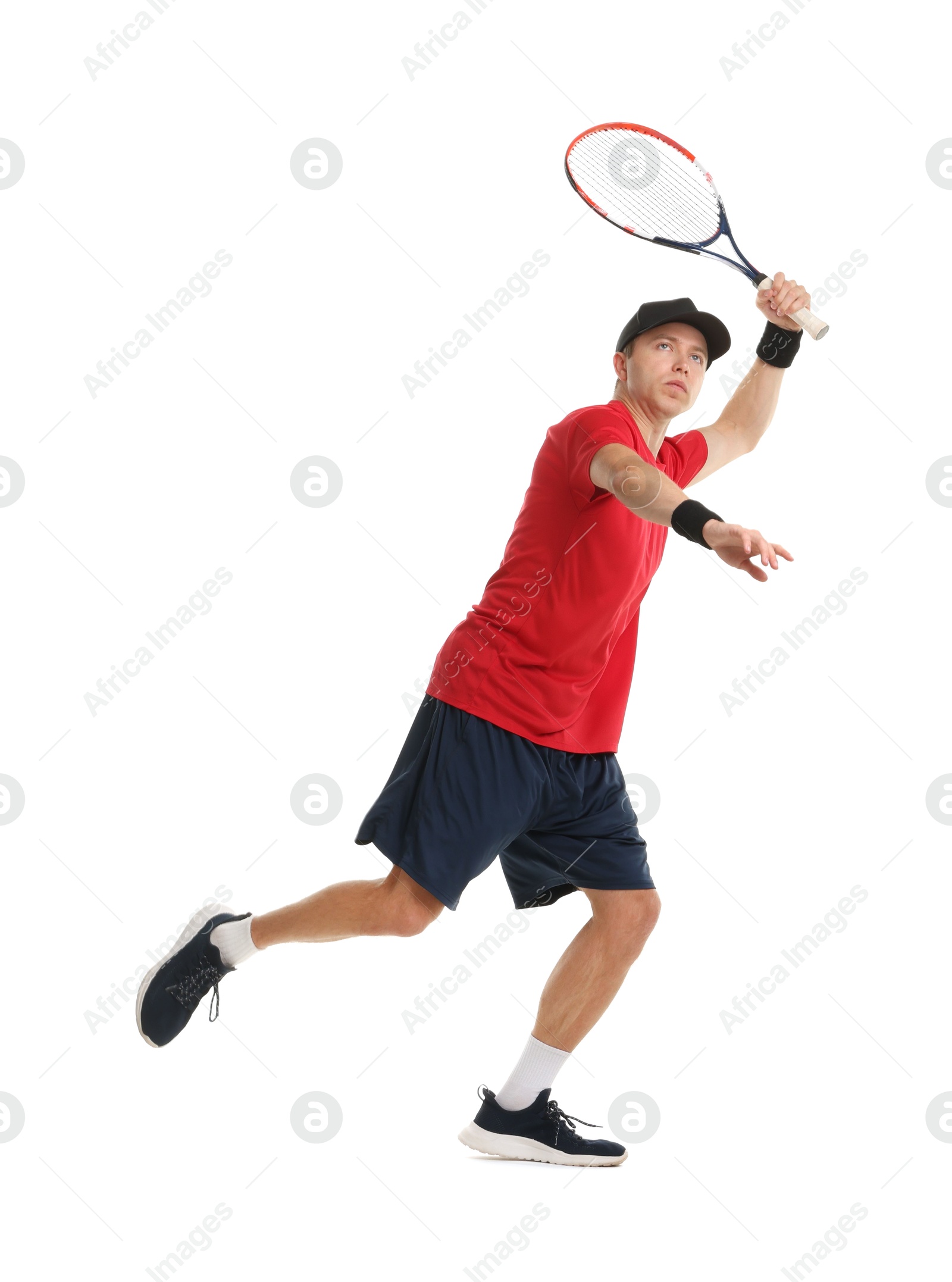 Photo of Man with tennis racket on white background