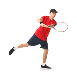 Photo of Man with tennis racket on white background