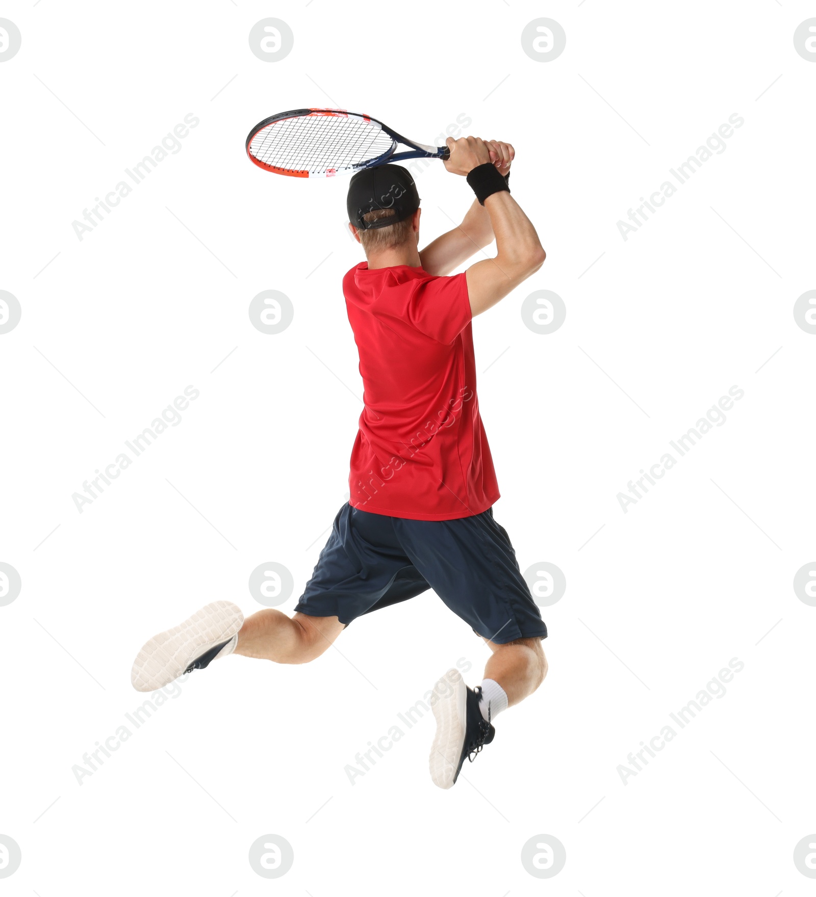 Photo of Man with tennis racket on white background, back view