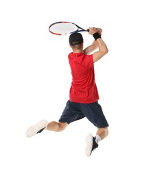Photo of Man with tennis racket on white background, back view