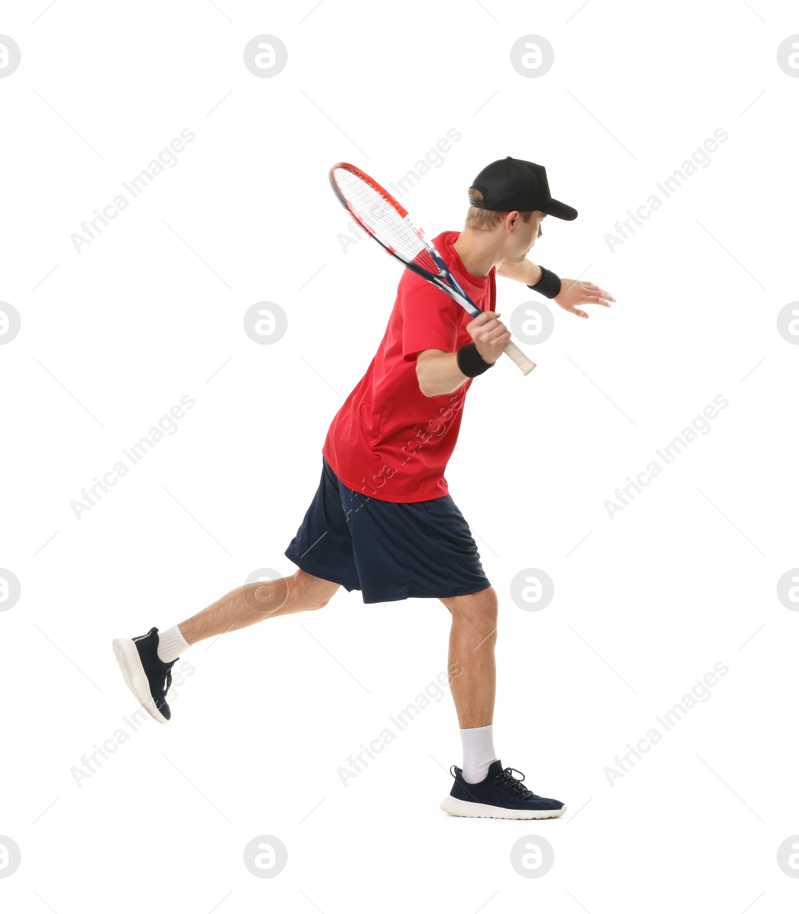 Photo of Man with tennis racket on white background