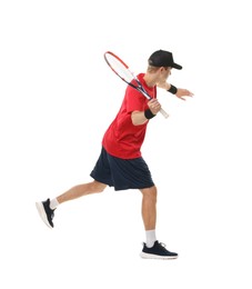 Photo of Man with tennis racket on white background