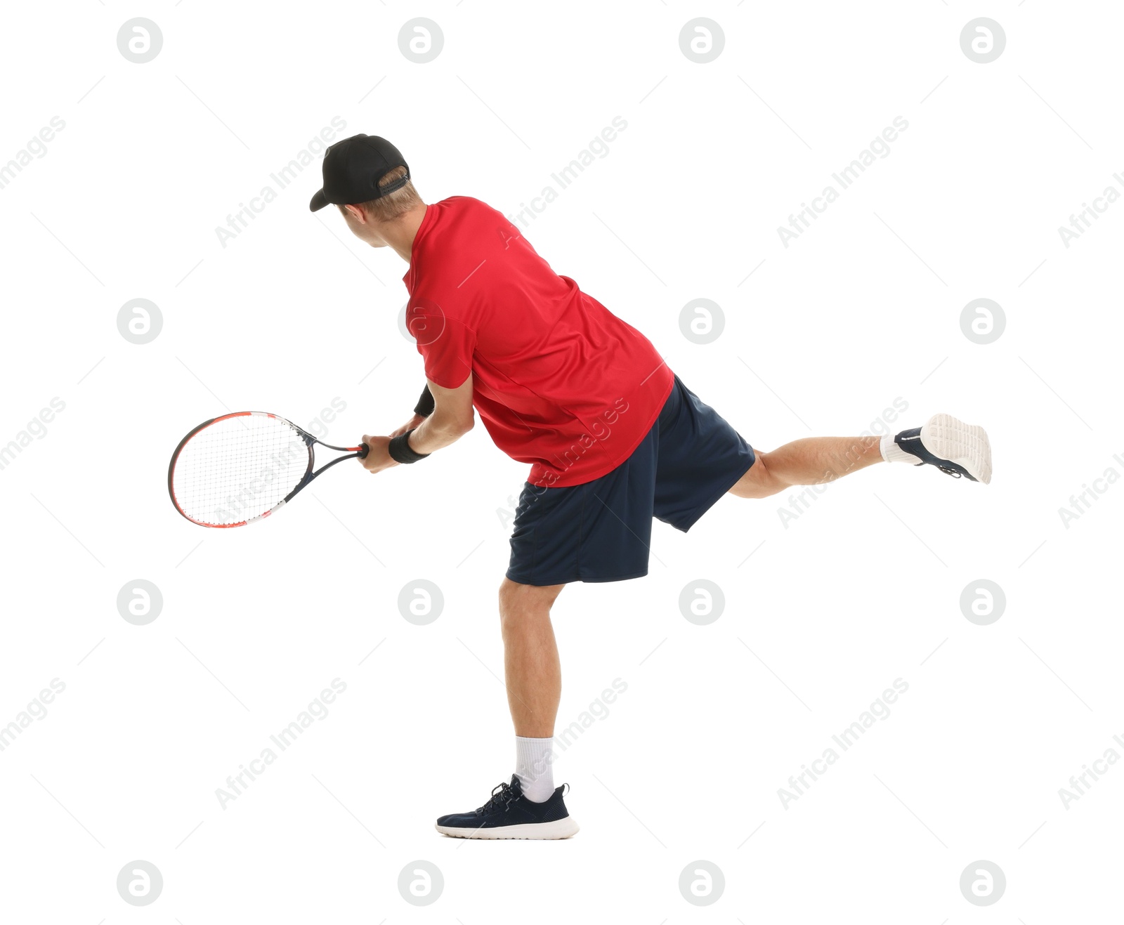 Man with tennis racket on white background, back view Photo of Man with tennis racket on white background, back view