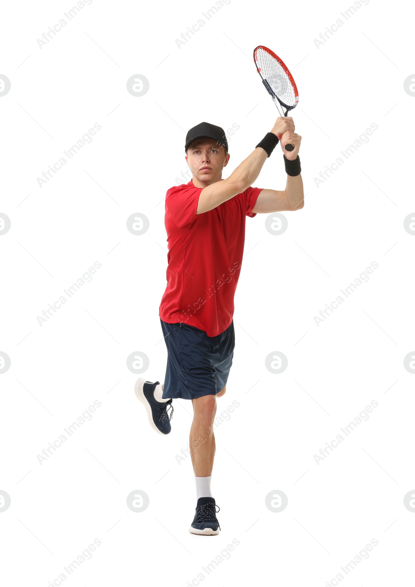 Photo of Man with tennis racket on white background