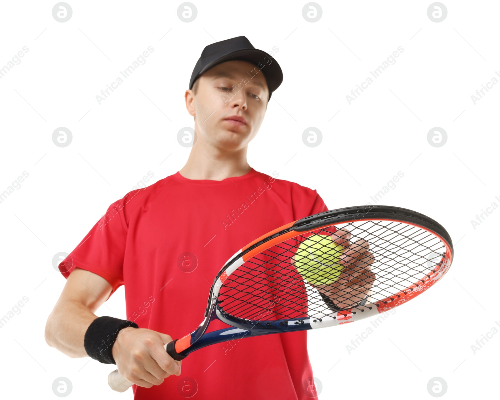 Photo of Man with tennis racket and ball on white background, low angle view