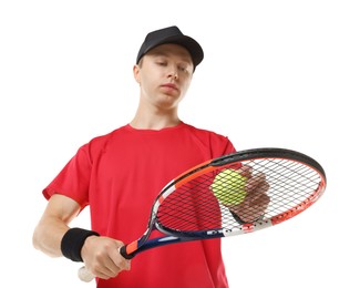 Photo of Man with tennis racket and ball on white background, low angle view