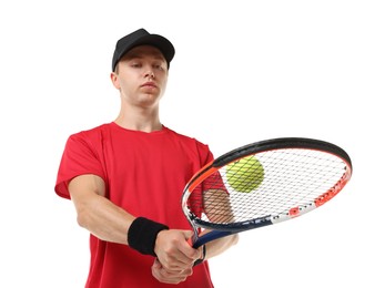 Photo of Man with tennis racket and ball on white background, low angle view