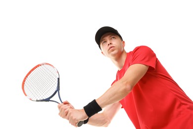 Photo of Man with tennis racket on white background, low angle view