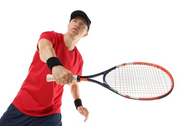 Photo of Man with tennis racket on white background, low angle view