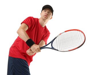 Photo of Man with tennis racket on white background, low angle view