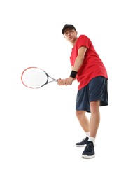 Photo of Man with tennis racket on white background, low angle view
