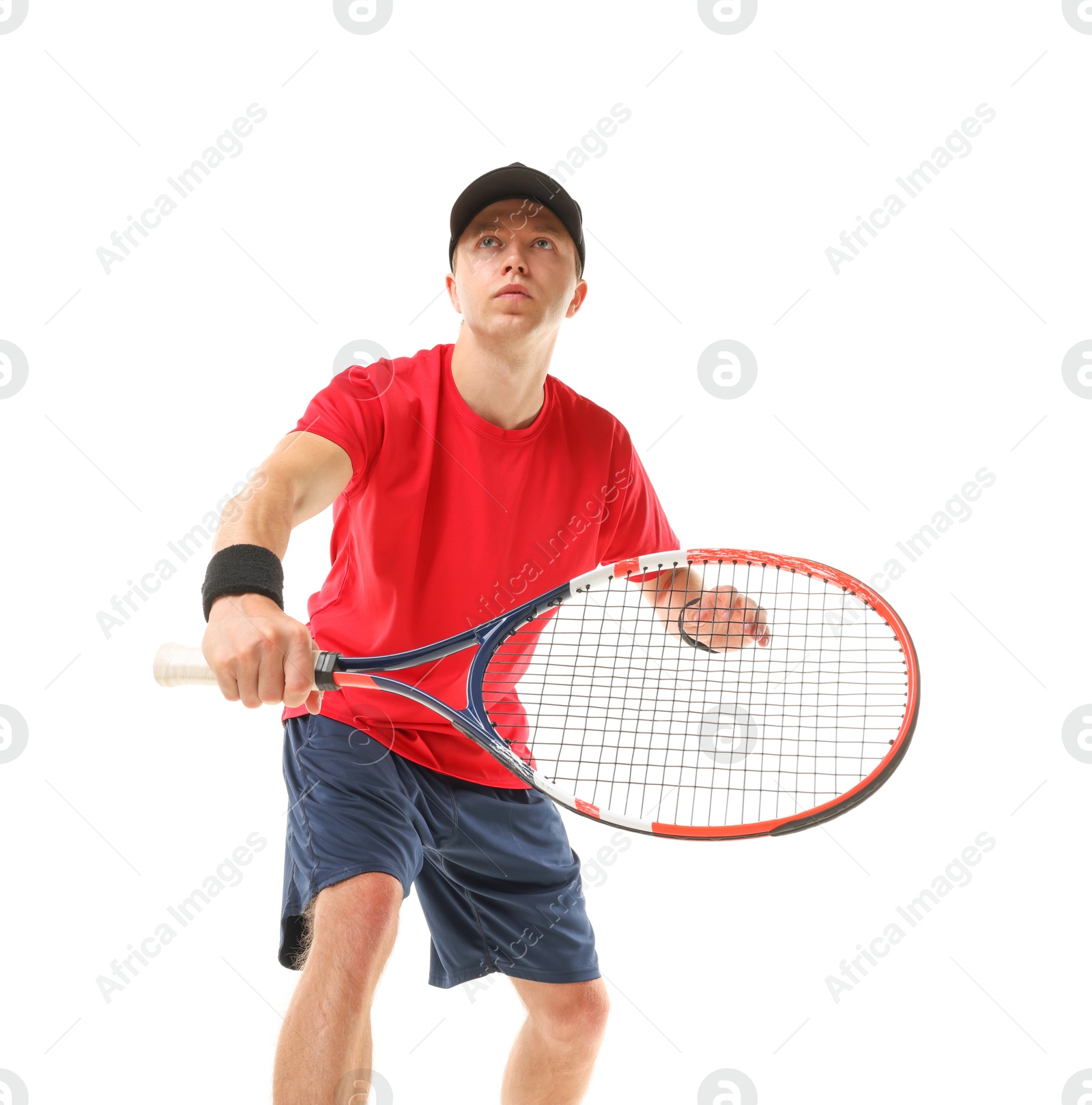 Photo of Man with tennis racket on white background, low angle view