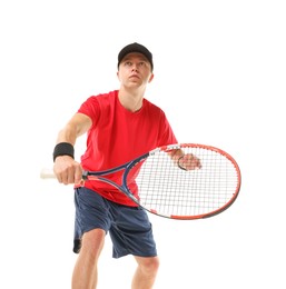 Photo of Man with tennis racket on white background, low angle view