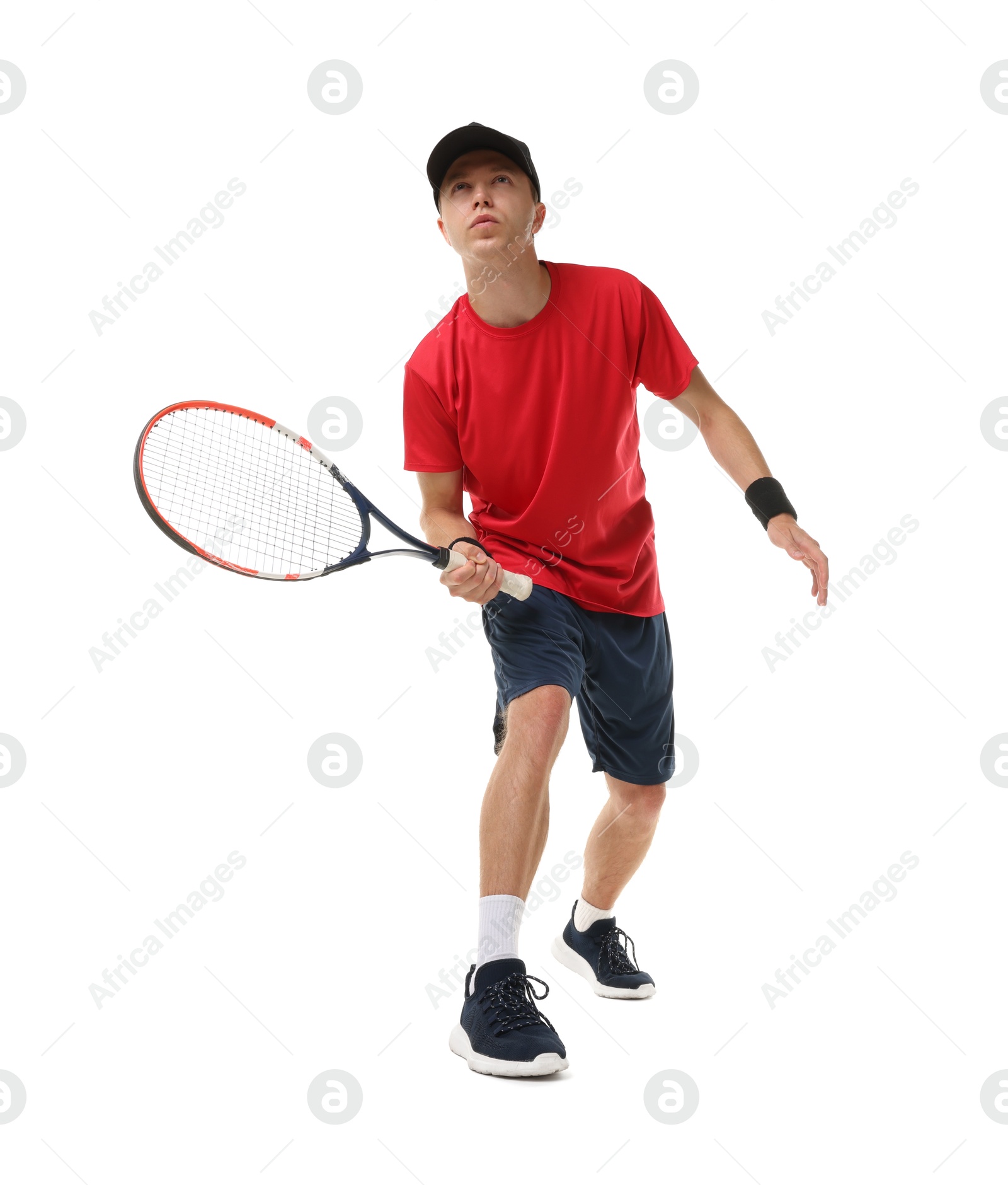 Photo of Man with tennis racket on white background