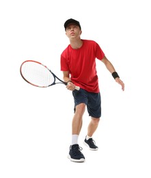 Photo of Man with tennis racket on white background