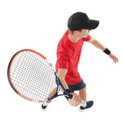 Photo of Man with tennis racket on white background, above view