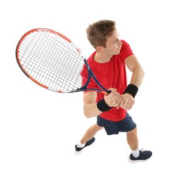 Photo of Man with tennis racket on white background, above view
