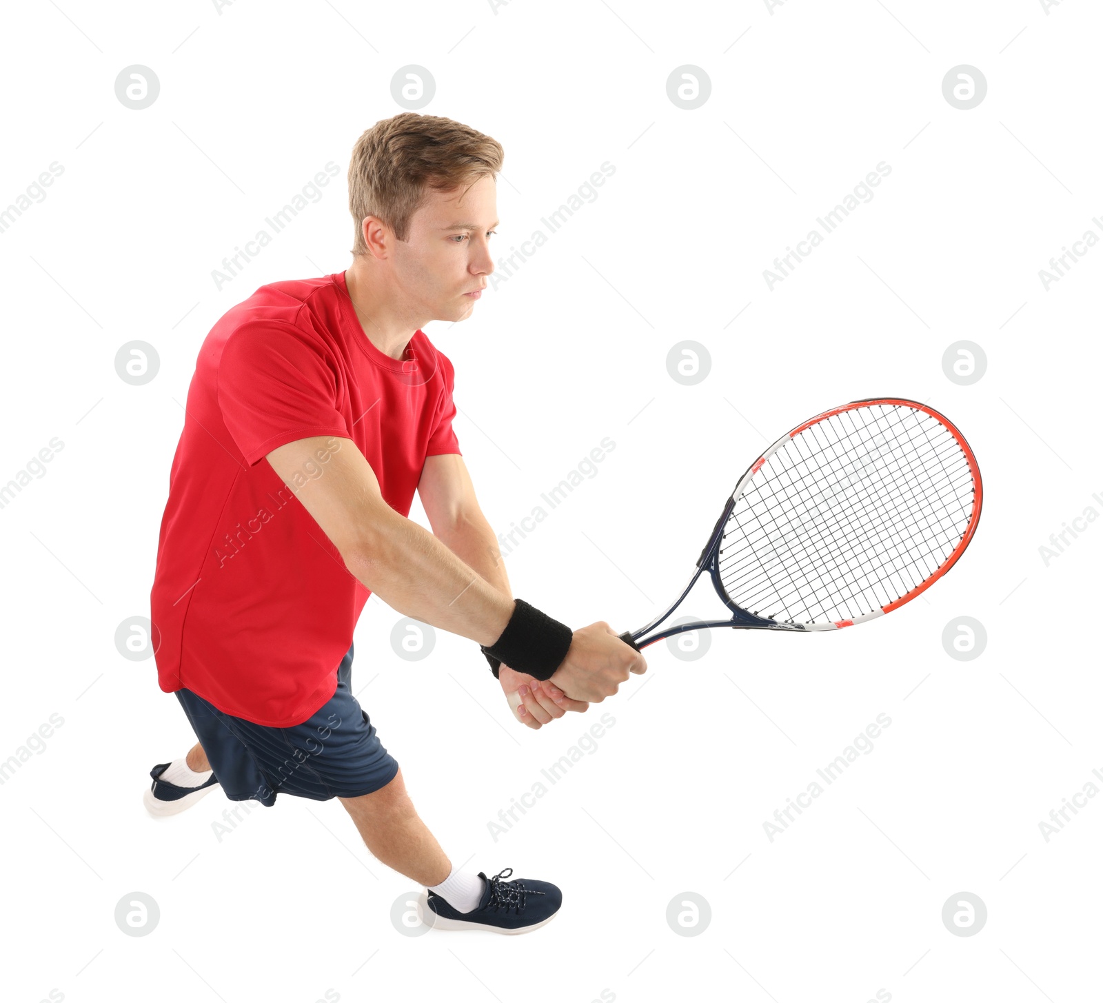 Photo of Man with tennis racket on white background, above view
