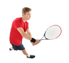 Photo of Man with tennis racket on white background, above view