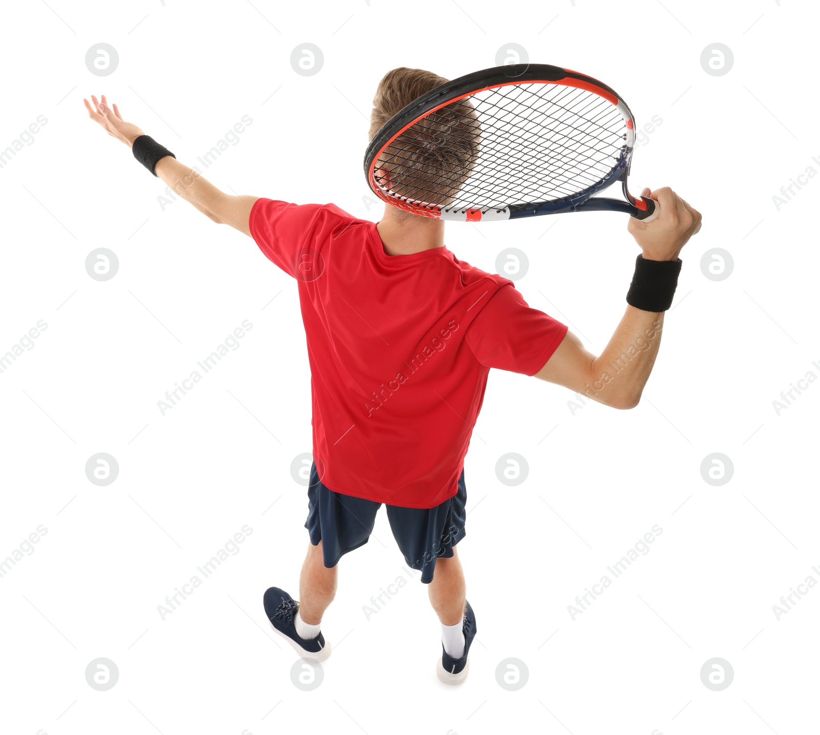 Photo of Man with tennis racket on white background, above view
