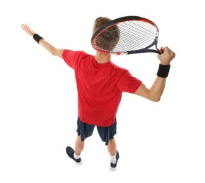 Photo of Man with tennis racket on white background, above view