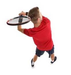 Photo of Man with tennis racket on white background, above view