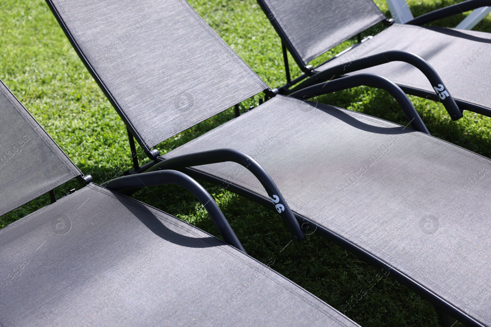 Sunbeds on green grass outdoors on sunny day, closeup Photo of Sunbeds on green grass outdoors on sunny day, closeup