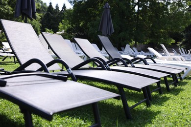 Photo of Many sunbeds on green grass outdoors, closeup