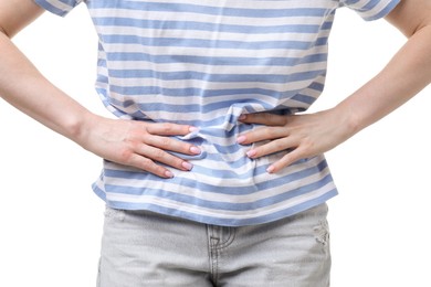 Photo of Woman suffering from cystitis symptoms on white background, closeup