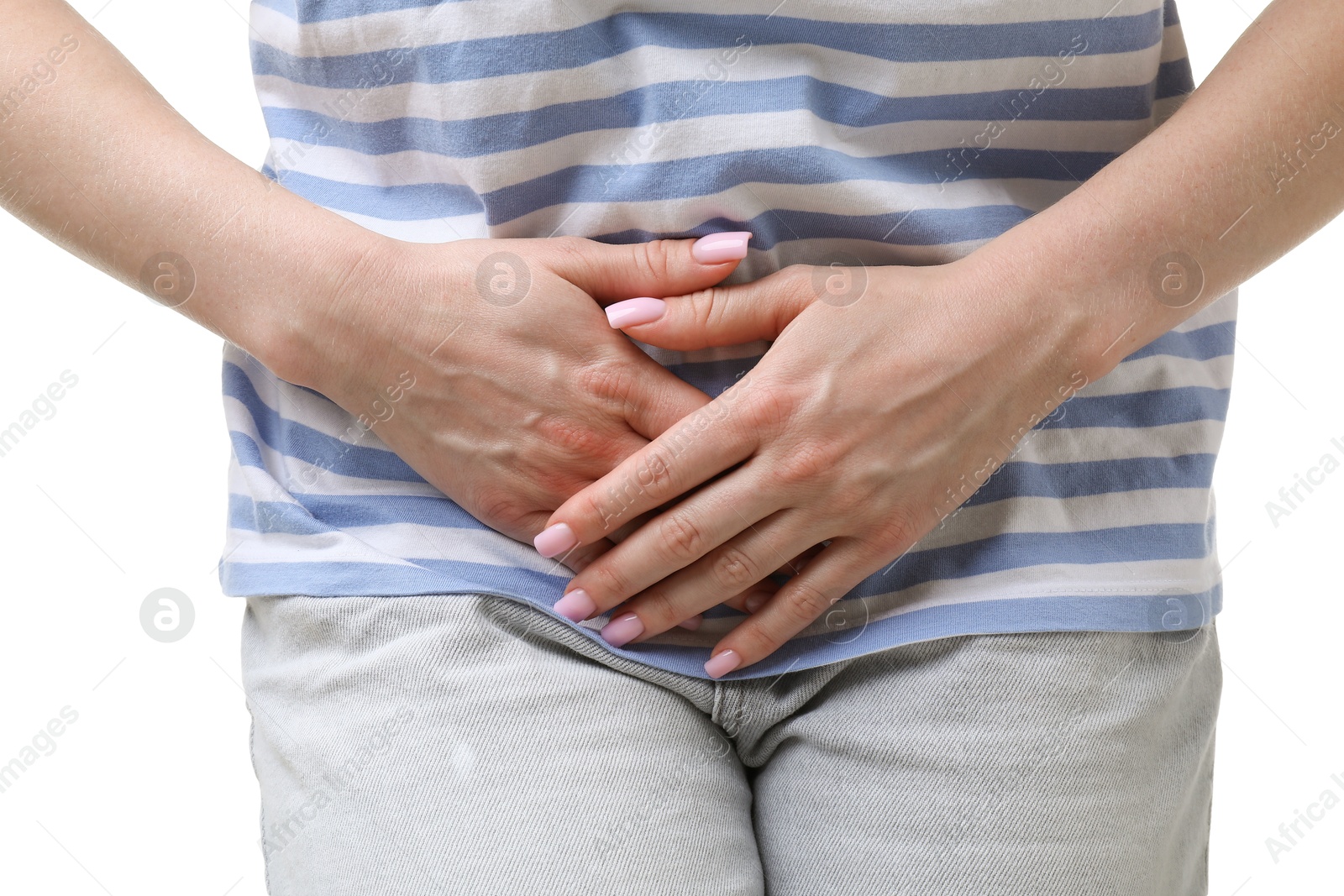 Photo of Woman suffering from cystitis symptoms on white background, closeup