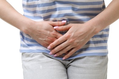 Photo of Woman suffering from cystitis symptoms on white background, closeup