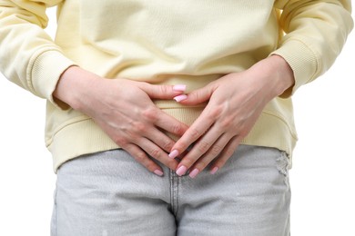 Photo of Woman suffering from cystitis symptoms on white background, closeup