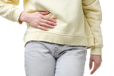 Photo of Woman suffering from cystitis symptoms on white background, closeup