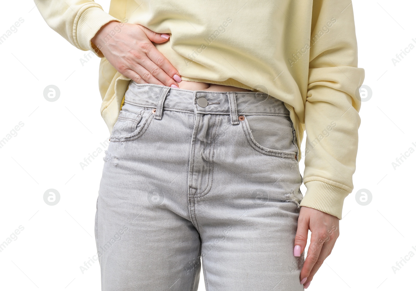 Photo of Woman suffering from cystitis symptoms on white background, closeup