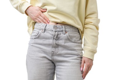 Photo of Woman suffering from cystitis symptoms on white background, closeup