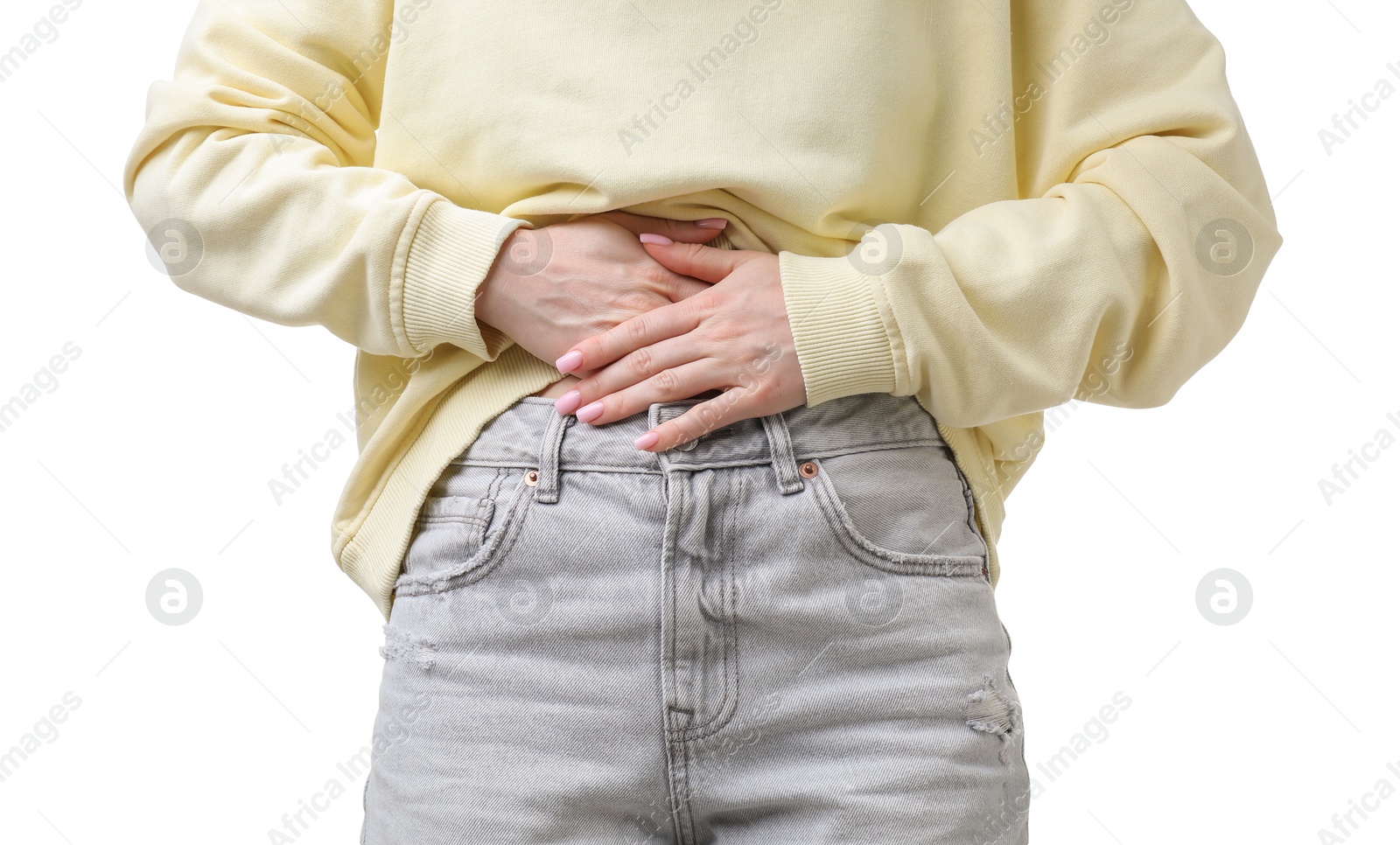 Photo of Woman suffering from cystitis symptoms on white background, closeup